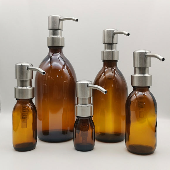Amber Brown Various Size Glass Soap Dispenser with Stainless Steel Pumps