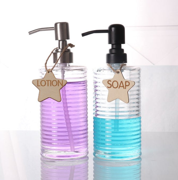 Horizontal Stripes Cylinder Clear Glass Bottle For Soap Dispenser